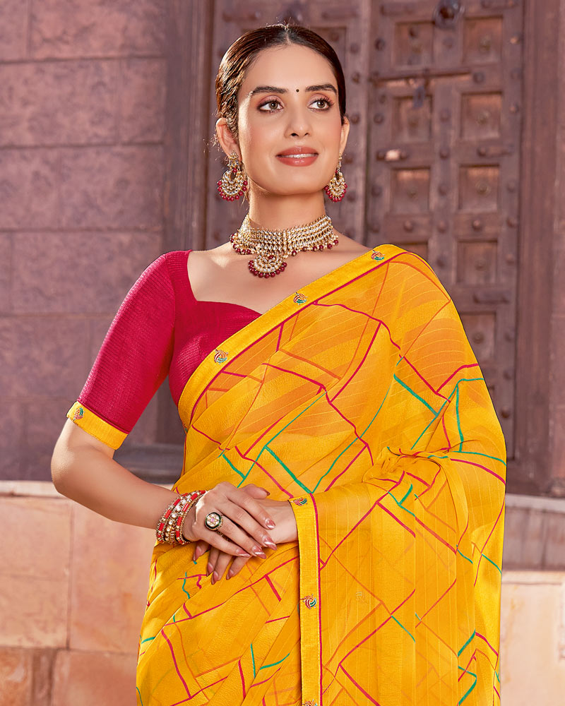 Vishal Prints Dark Yellowish Orange Printed Georgette Saree With Fancy Border