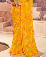 Vishal Prints Dark Yellowish Orange Printed Georgette Saree With Fancy Border