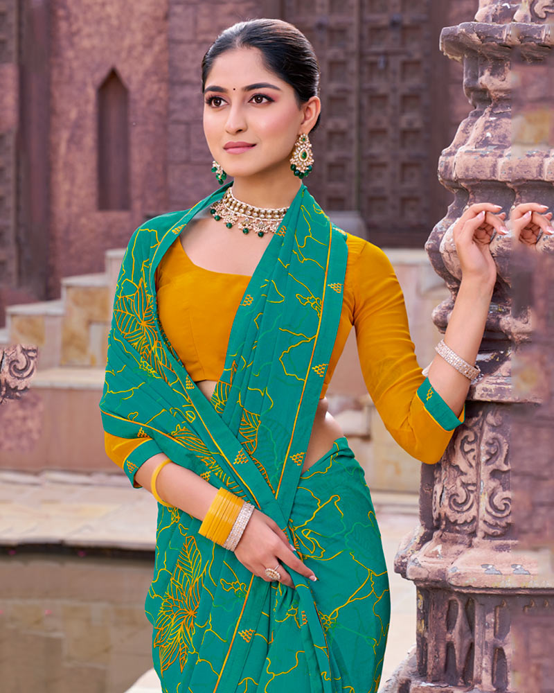 Vishal Prints Teal Green Printed Georgette Saree With Fancy Border