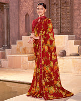 Vishal Prints Burnt Red Printed Georgette Saree With Fancy Border