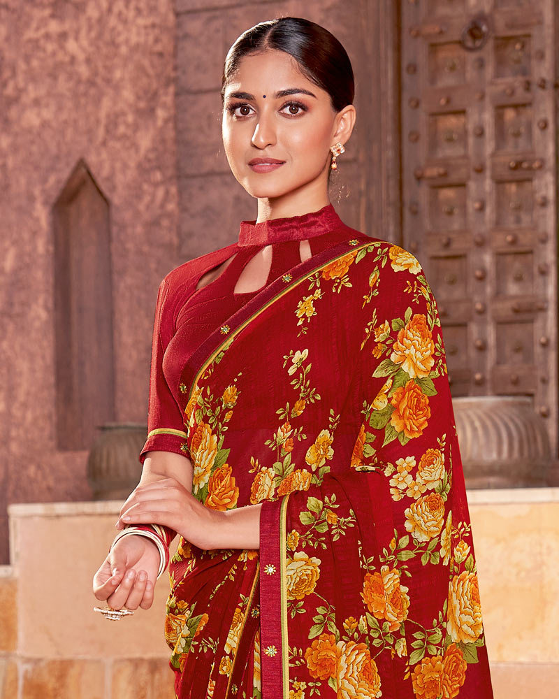 Vishal Prints Burnt Red Printed Georgette Saree With Fancy Border
