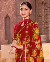 Vishal Prints Burnt Red Printed Georgette Saree With Fancy Border