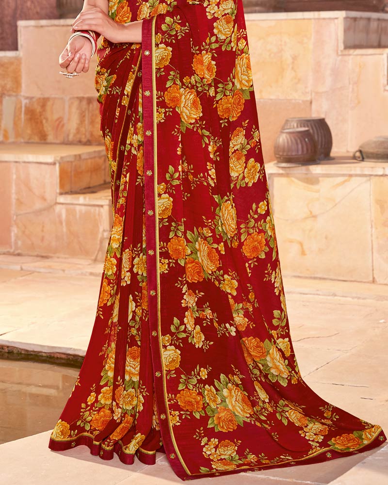 Vishal Prints Burnt Red Printed Georgette Saree With Fancy Border