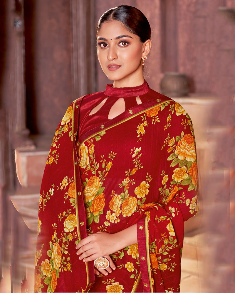 Vishal Prints Burnt Red Printed Georgette Saree With Fancy Border
