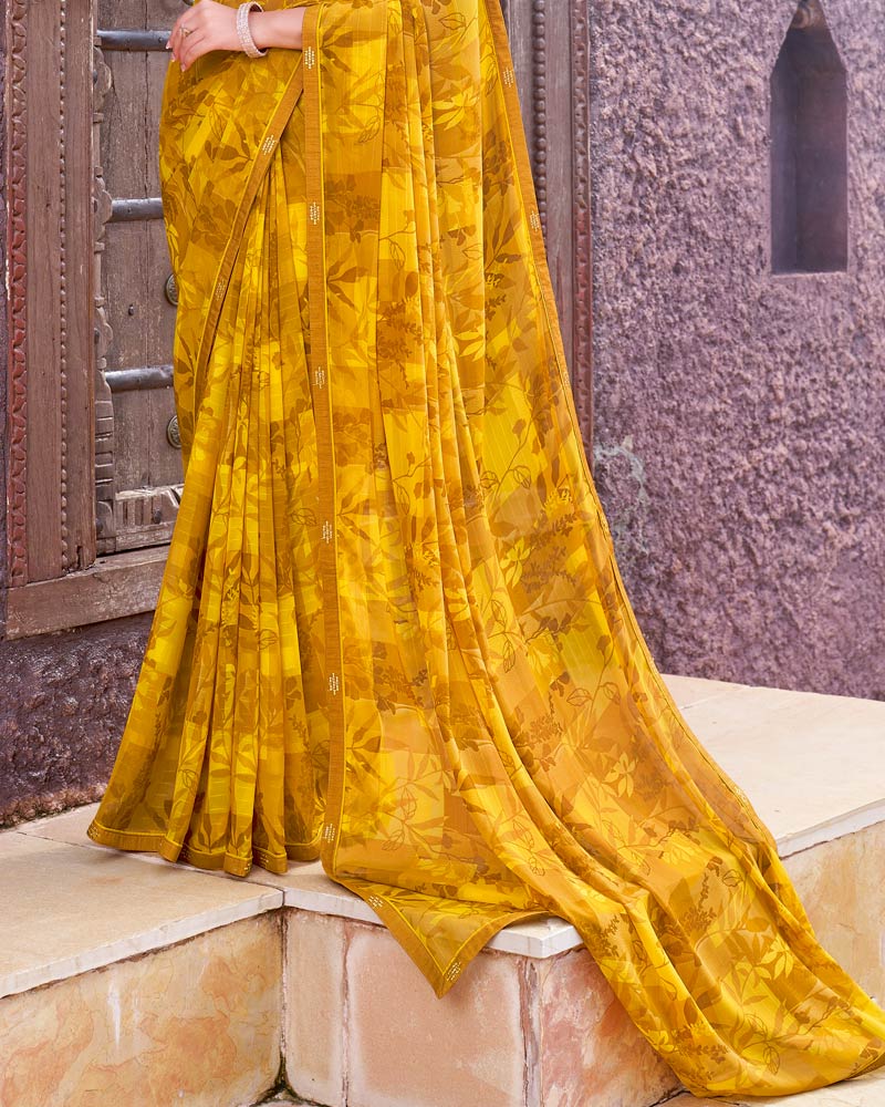 Vishal Prints Yellow Ochre Printed Georgette Saree With Fancy Border