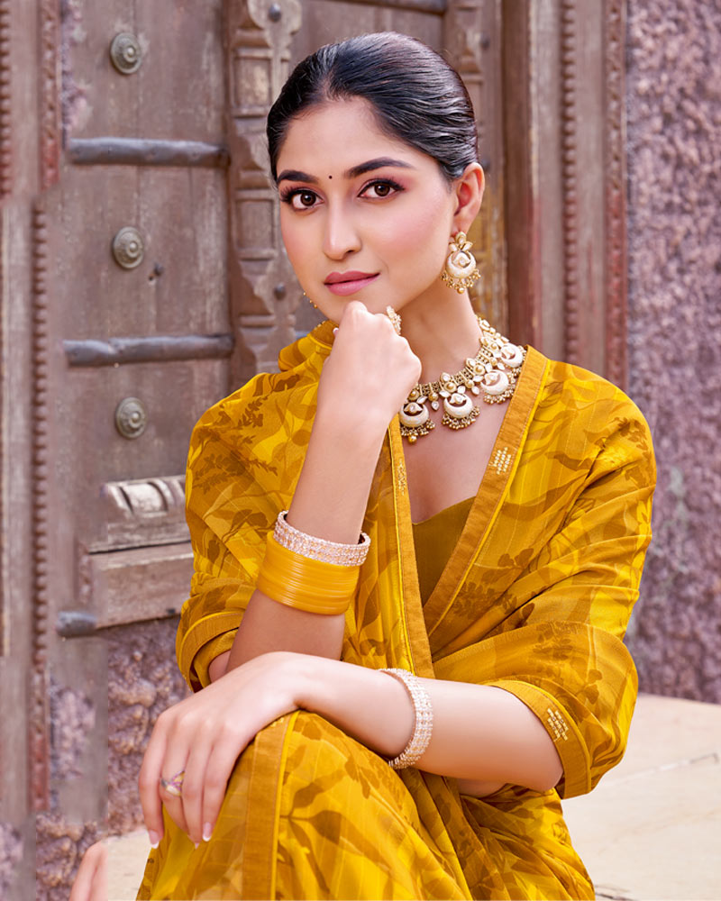 Vishal Prints Yellow Ochre Printed Georgette Saree With Fancy Border