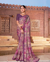 Vishal Prints Dusty Pink And Light Plum Printed Chiffon Saree With Fancy Border