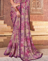 Vishal Prints Dusty Pink And Light Plum Printed Chiffon Saree With Fancy Border