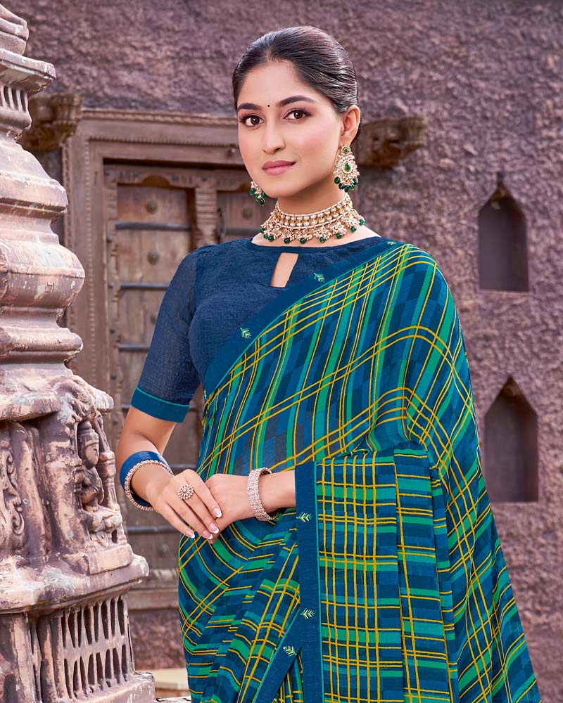 Vishal Prints Royal Blue And Teal Green Printed Georgette Saree With Fancy Border