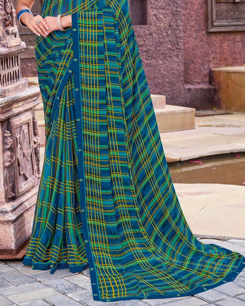 Vishal Prints Royal Blue And Teal Green Printed Georgette Saree With Fancy Border