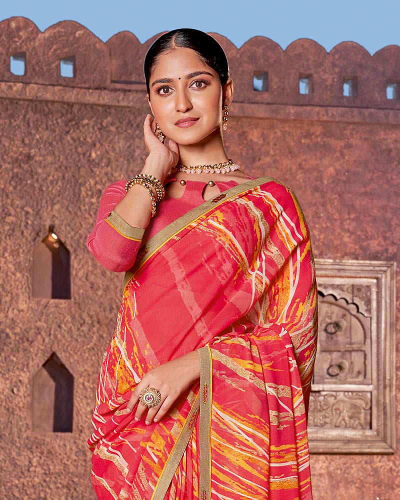 Vishal Prints Pastel Red Printed Georgette Saree With Fancy Border