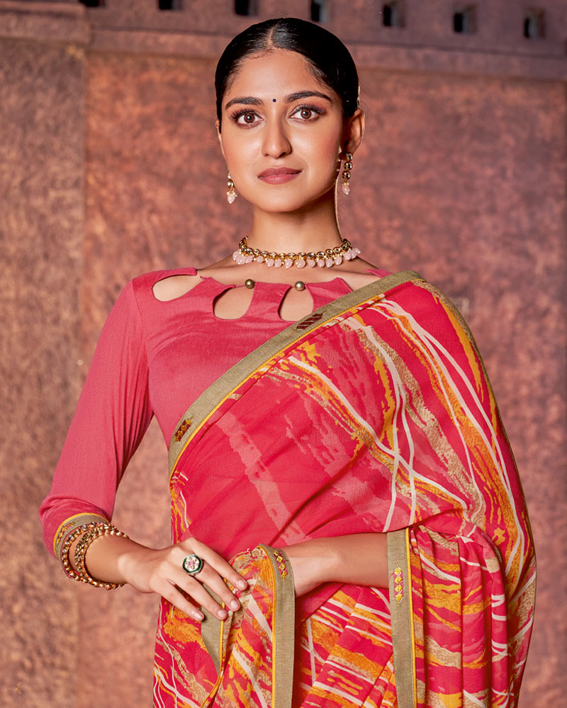 Vishal Prints Pastel Red Printed Georgette Saree With Fancy Border