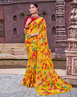 Vishal Prints Bright Yellow And Lava Red Printed Georgette Saree With Fancy Border