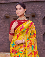 Vishal Prints Bright Yellow And Lava Red Printed Georgette Saree With Fancy Border