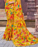 Vishal Prints Bright Yellow And Lava Red Printed Georgette Saree With Fancy Border