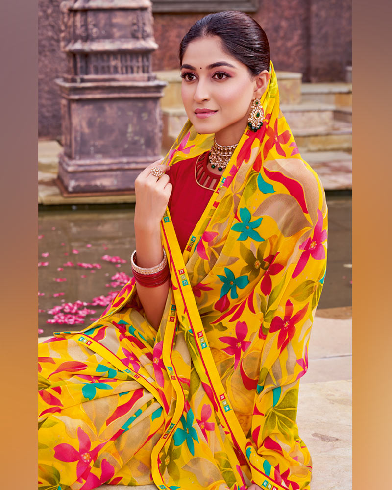 Vishal Prints Bright Yellow And Lava Red Printed Georgette Saree With Fancy Border