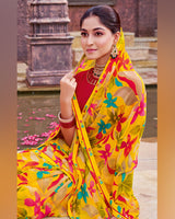 Vishal Prints Bright Yellow And Lava Red Printed Georgette Saree With Fancy Border