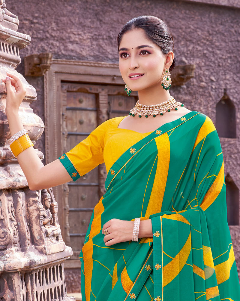 Vishal Prints Pine Green Printed Georgette Saree With Fancy Border