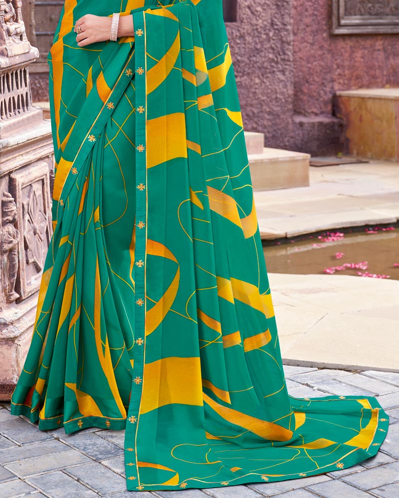 Vishal Prints Pine Green Printed Georgette Saree With Fancy Border