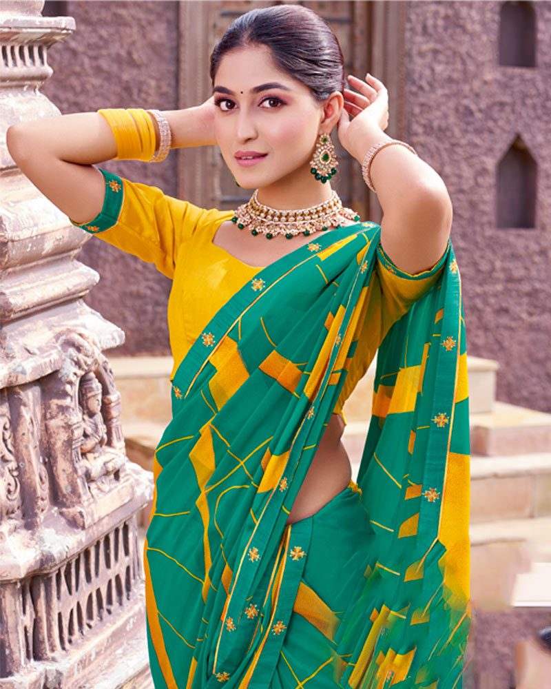 Vishal Prints Pine Green Printed Georgette Saree With Fancy Border