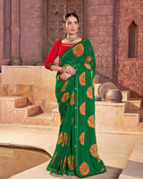 Vishal Prints Dark Forest Green Printed Georgette Saree With Fancy Border