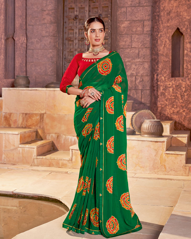 Vishal Prints Dark Forest Green Printed Georgette Saree With Fancy Border