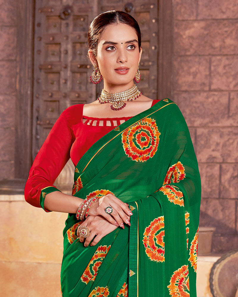 Vishal Prints Dark Forest Green Printed Georgette Saree With Fancy Border