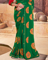 Vishal Prints Dark Forest Green Printed Georgette Saree With Fancy Border