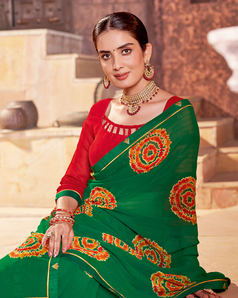 Vishal Prints Dark Forest Green Printed Georgette Saree With Fancy Border