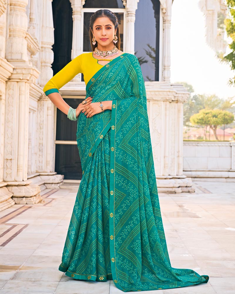 Vishal Prints Persian Green Printed Patterned Georgette Saree With Fancy Border