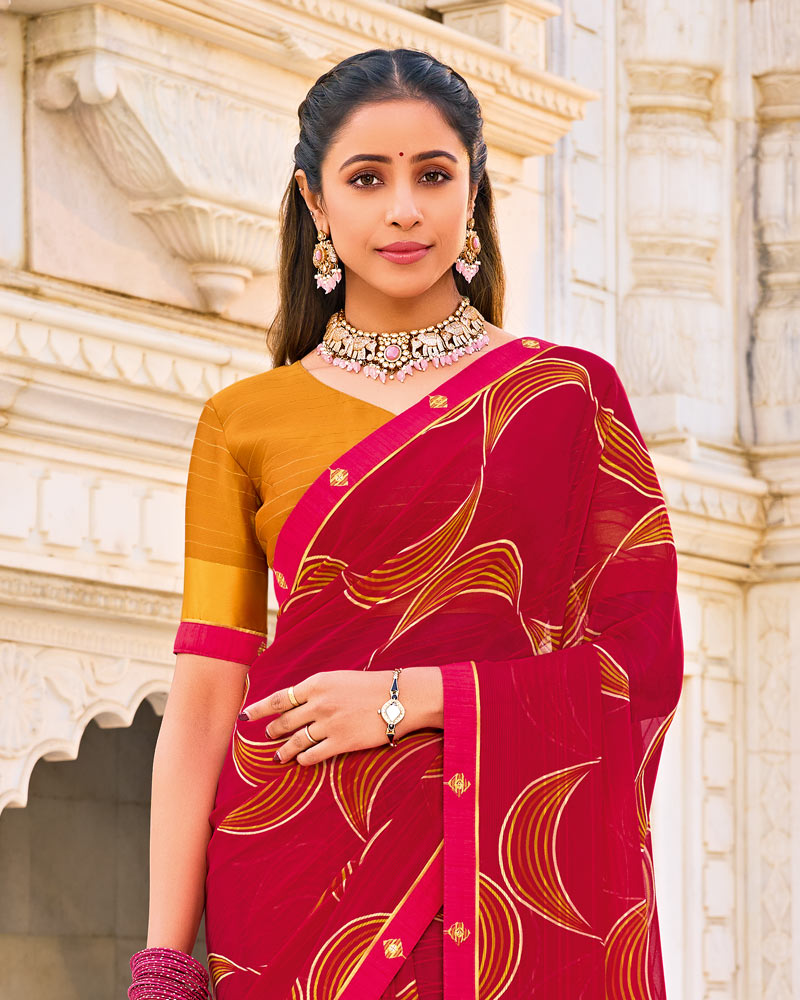 Vishal Prints Scarlet Red Printed Patterned Georgette Saree With Fancy Border
