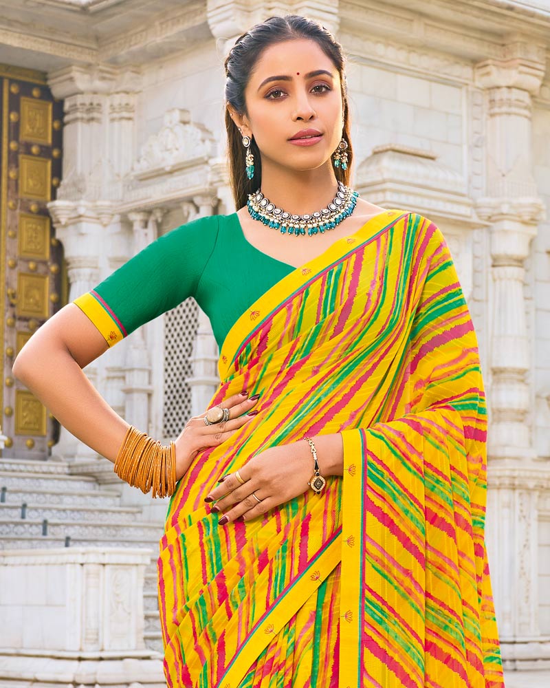 Vishal Prints Golden Yellow Printed Patterned Georgette Saree With Fancy Border