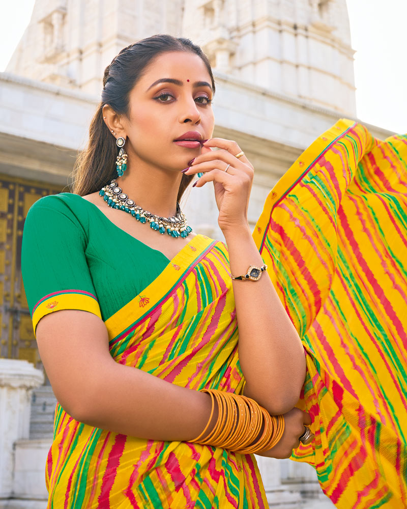 Vishal Prints Golden Yellow Printed Patterned Georgette Saree With Fancy Border