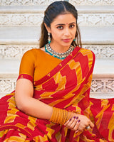 Vishal Prints Lava Red Printed Patterned Georgette Saree With Fancy Border