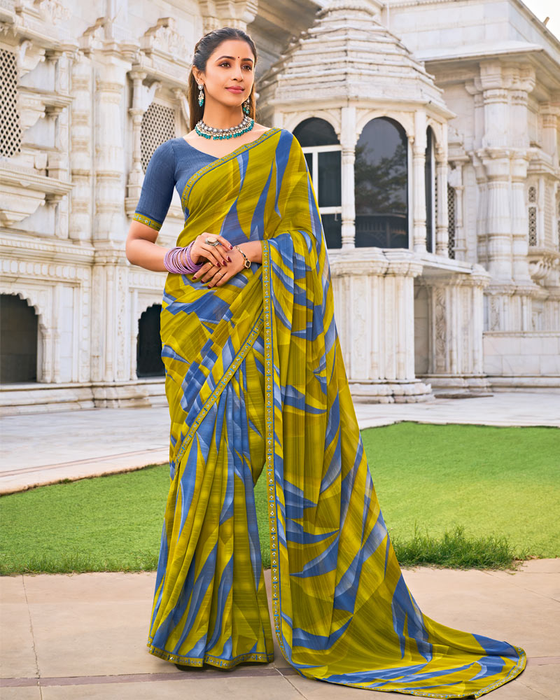 Vishal Prints Yellow Ochre Printed Patterned Georgette Saree With Fancy Border