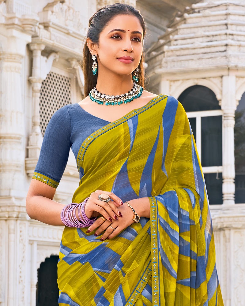 Vishal Prints Yellow Ochre Printed Patterned Georgette Saree With Fancy Border