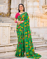 Vishal Prints Forest Green Printed Patterned Georgette Saree With Fancy Border