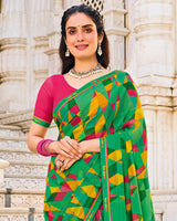 Vishal Prints Forest Green Printed Patterned Georgette Saree With Fancy Border