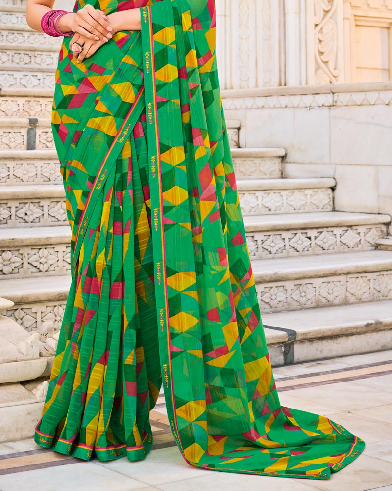 Vishal Prints Forest Green Printed Patterned Georgette Saree With Fancy Border