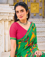 Vishal Prints Forest Green Printed Patterned Georgette Saree With Fancy Border