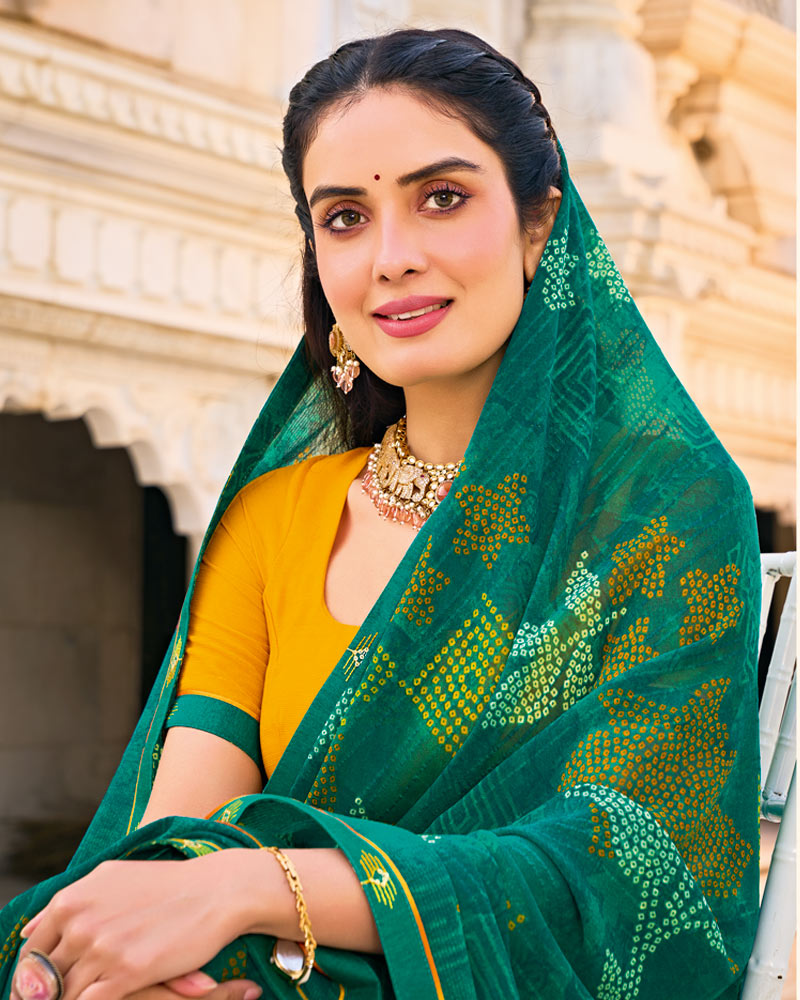 Vishal Prints Deep Sea Green Printed Patterned Georgette Saree With Fancy Border