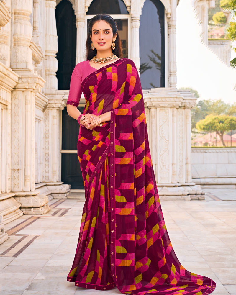Vishal Prints Wine Berry Printed Patterned Georgette Saree With Fancy Border