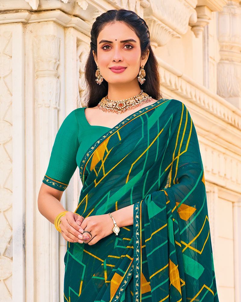 Vishal Prints Dark Teal Green Printed Patterned Georgette Saree With Fancy Border