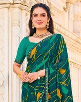 Vishal Prints Dark Teal Green Printed Patterned Georgette Saree With Fancy Border