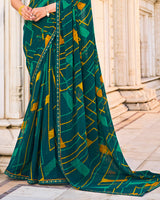 Vishal Prints Dark Teal Green Printed Patterned Georgette Saree With Fancy Border