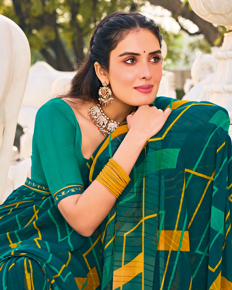 Vishal Prints Dark Teal Green Printed Patterned Georgette Saree With Fancy Border
