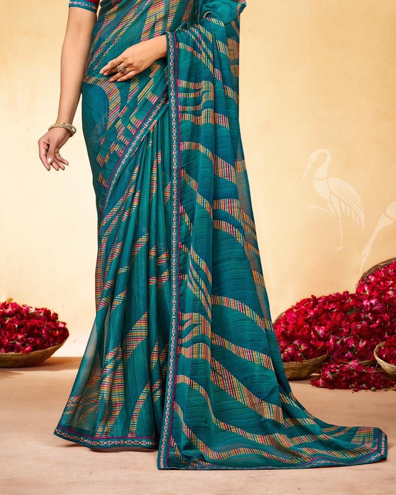 Vishal Prints Peacock Green Printed Fancy Chiffon Saree With Fancy Border