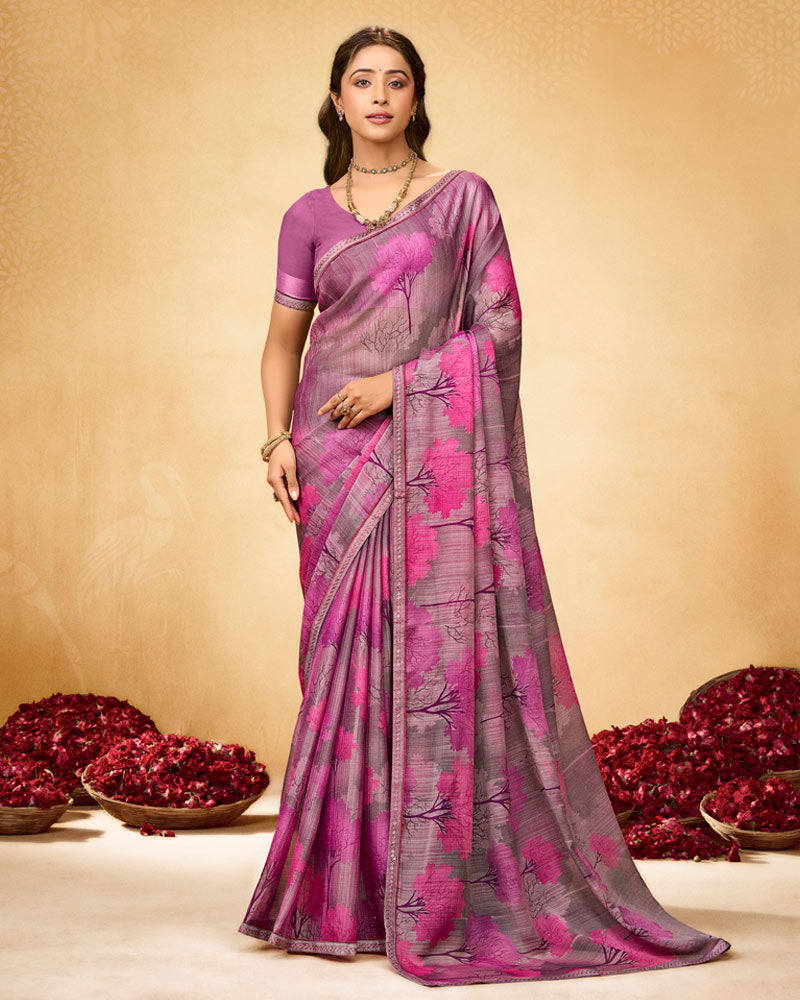 Vishal Prints Dusty Pink Printed Fancy Chiffon Saree With Fancy Border