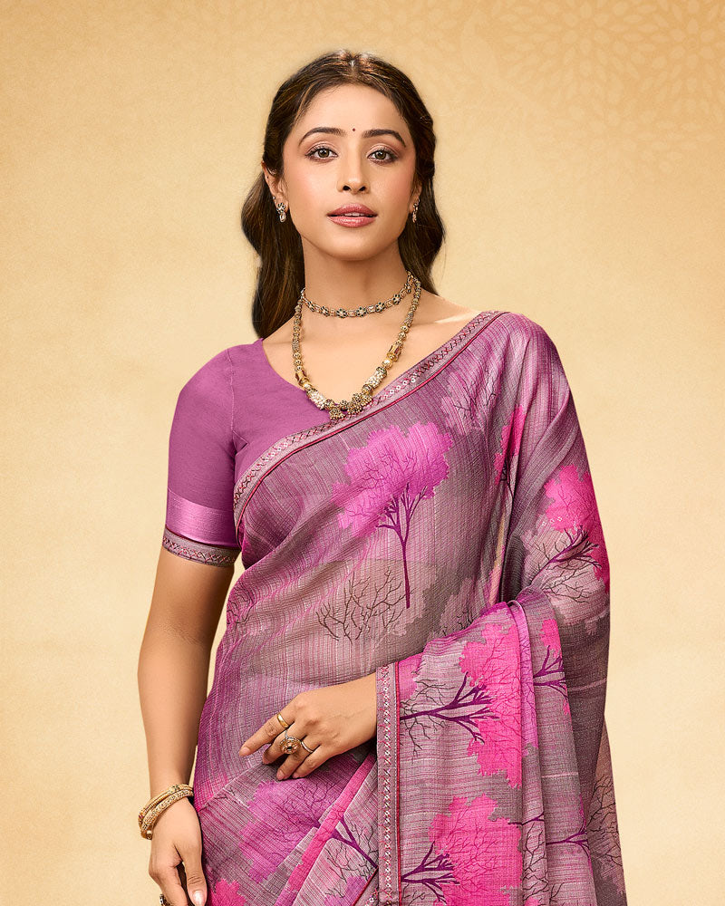 Vishal Prints Dusty Pink Printed Fancy Chiffon Saree With Fancy Border