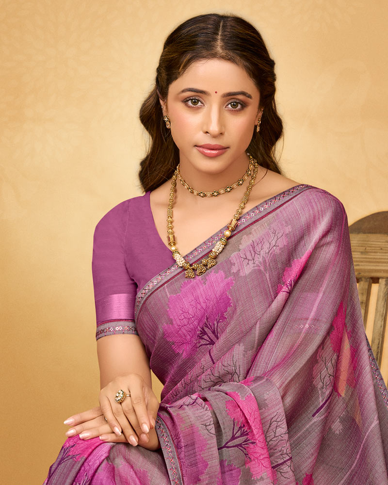 Vishal Prints Dusty Pink Printed Fancy Chiffon Saree With Fancy Border